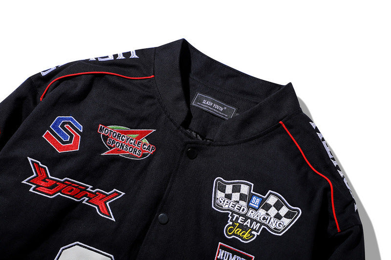 Men Retro Embroidered Patch Racing Street Hip Hop Motorcycle Suit Jacket
