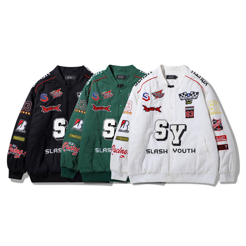 Men Retro Embroidered Patch Racing Street Hip Hop Motorcycle Suit Jacket